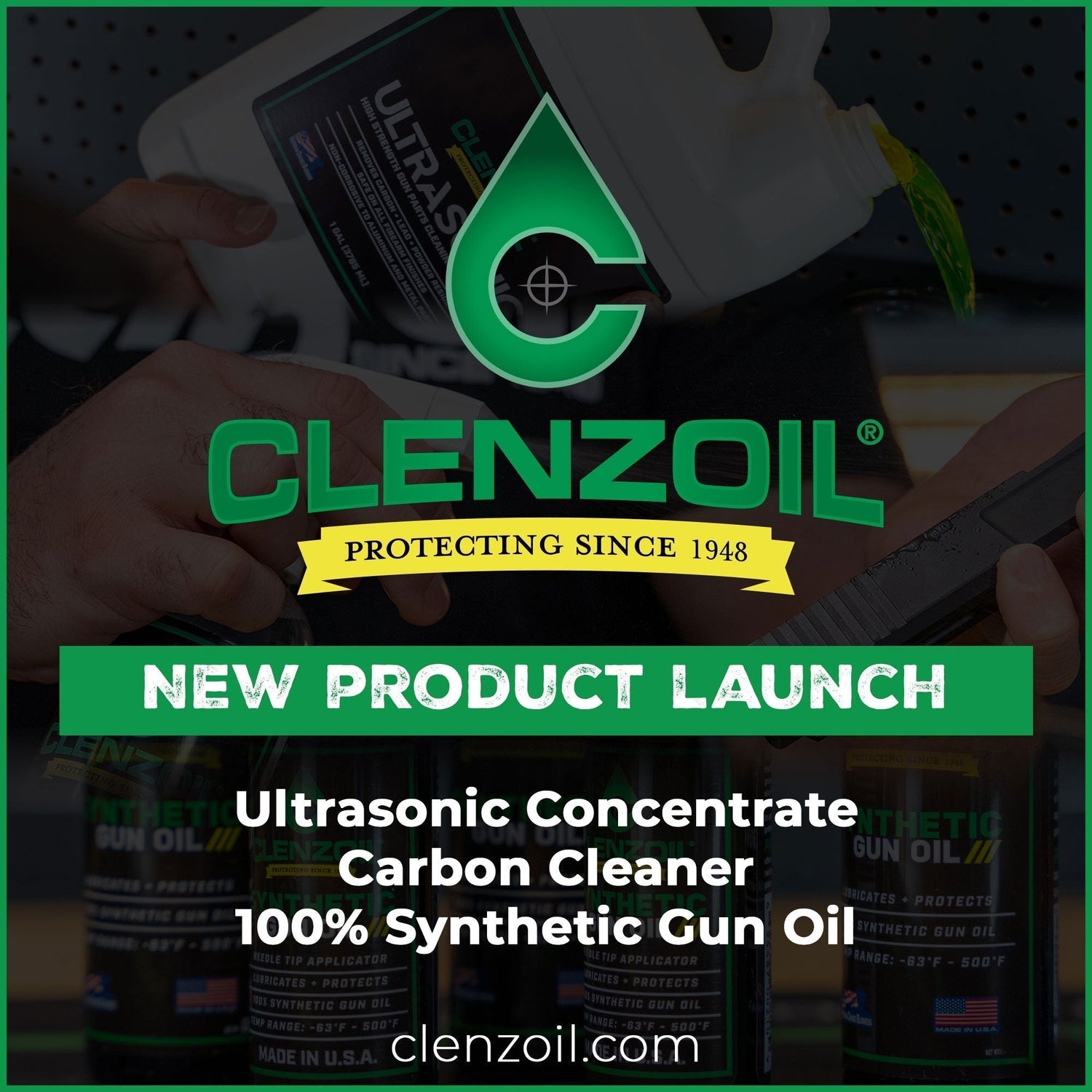 Clenzoil Carbon Cleaner, Synthetic Gun Oil, and Ultrasonic Solution product lineup displayed with Field & Range CLP for complete firearm maintenance